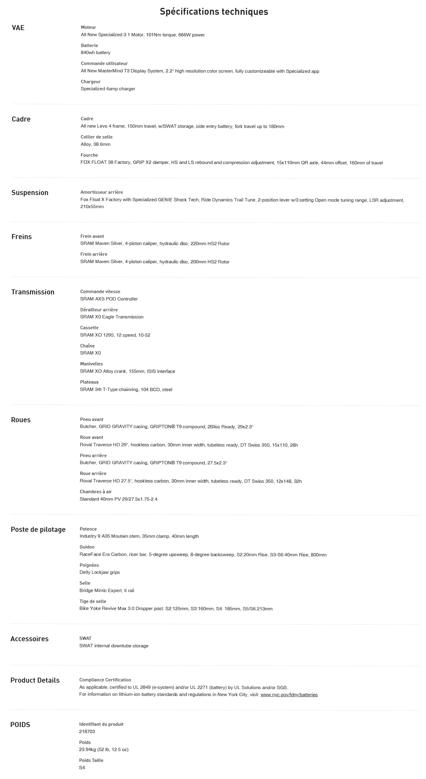 Caracteristique technique du Vélo électrique Turbo Levo 4 Pro année 2025